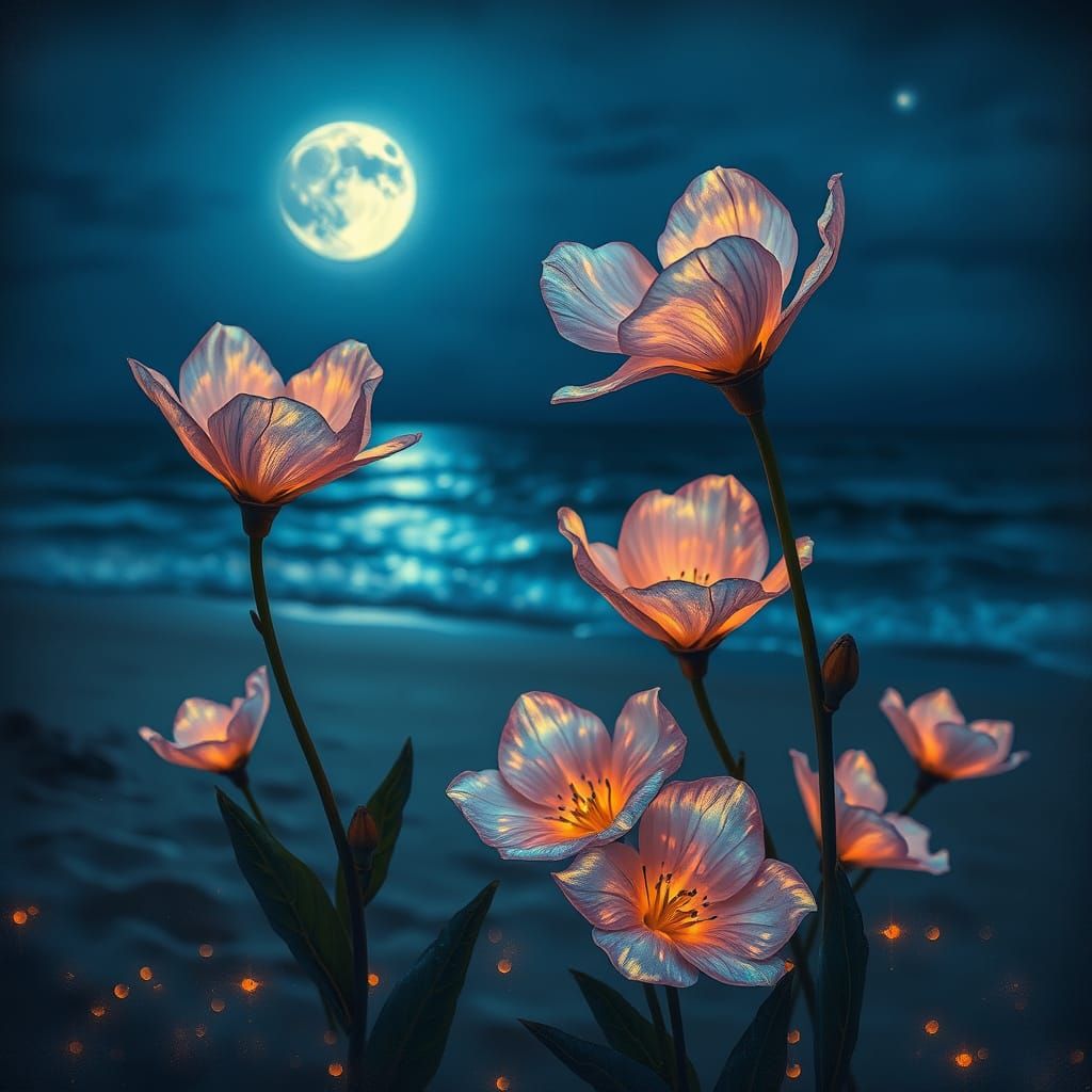Dreamy Iridescent Blooms on a Moonlit Beach