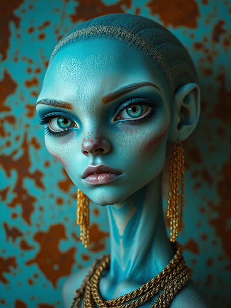 Elegant Turquoise Alien Portrait in Hyperrealistic Style