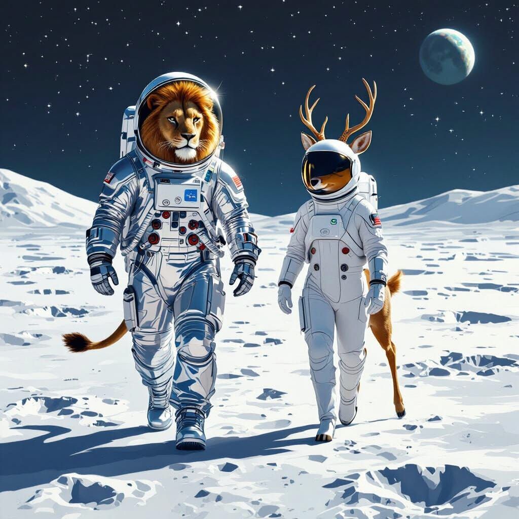 Lion and Deer in Space Suits Walk the Moon