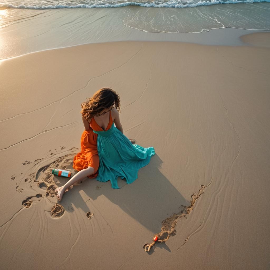 Woman on Beach with Bottle in Impressionist Style
