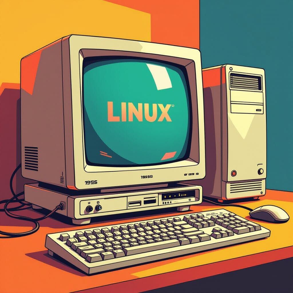 Cartoon-Style 1990s Linux Desktop PC