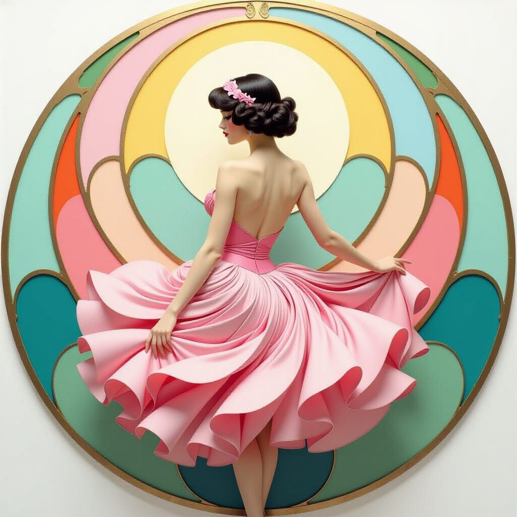 Art Nouveau Woman in Feather Skirt with Impasto Texture