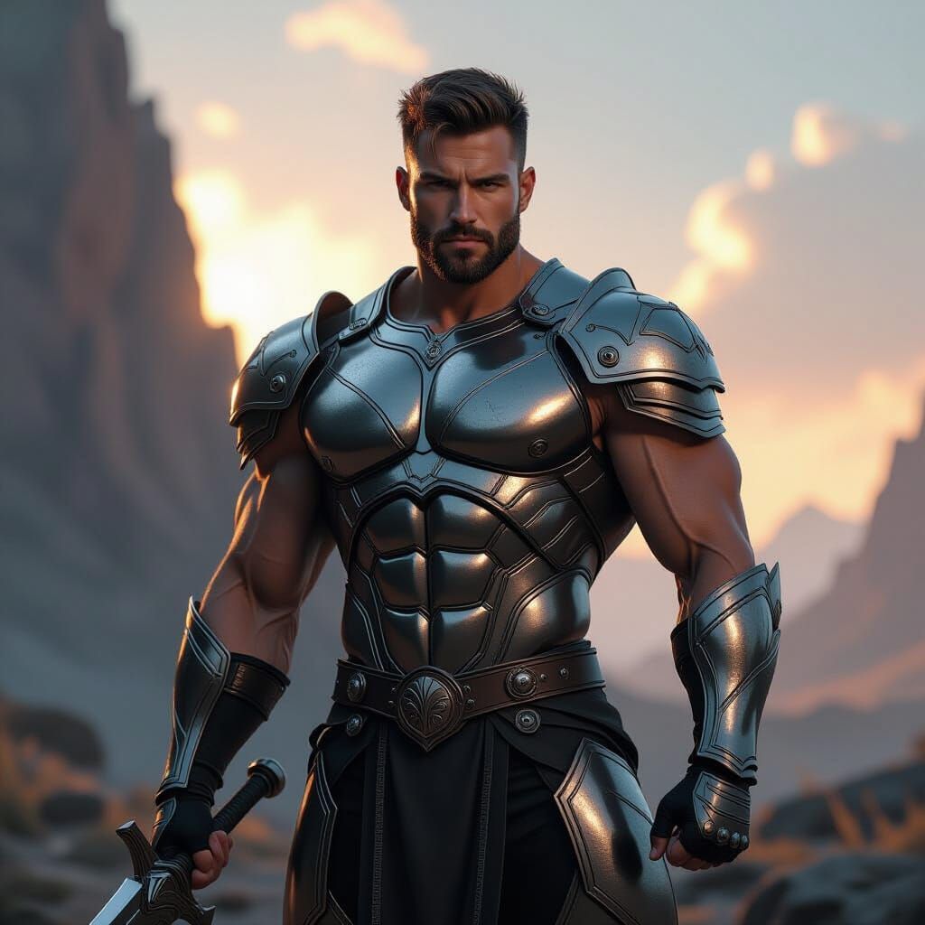 Muscular Man in Metallic Armor in Fantasy Landscape
