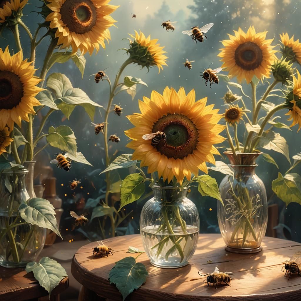 Sunflowers, Bee, and Gentle Light, in Kinkade Style