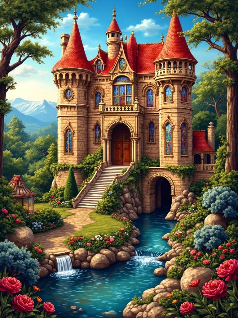 Medieval Castle Needlepoint Art with Vibrant Colors