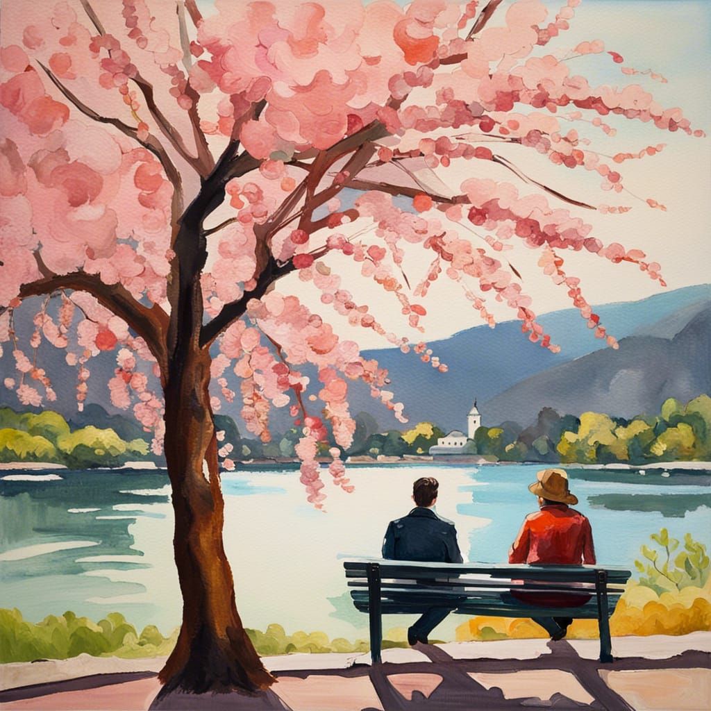 Couple Under Cherry Tree in Gouache Style
