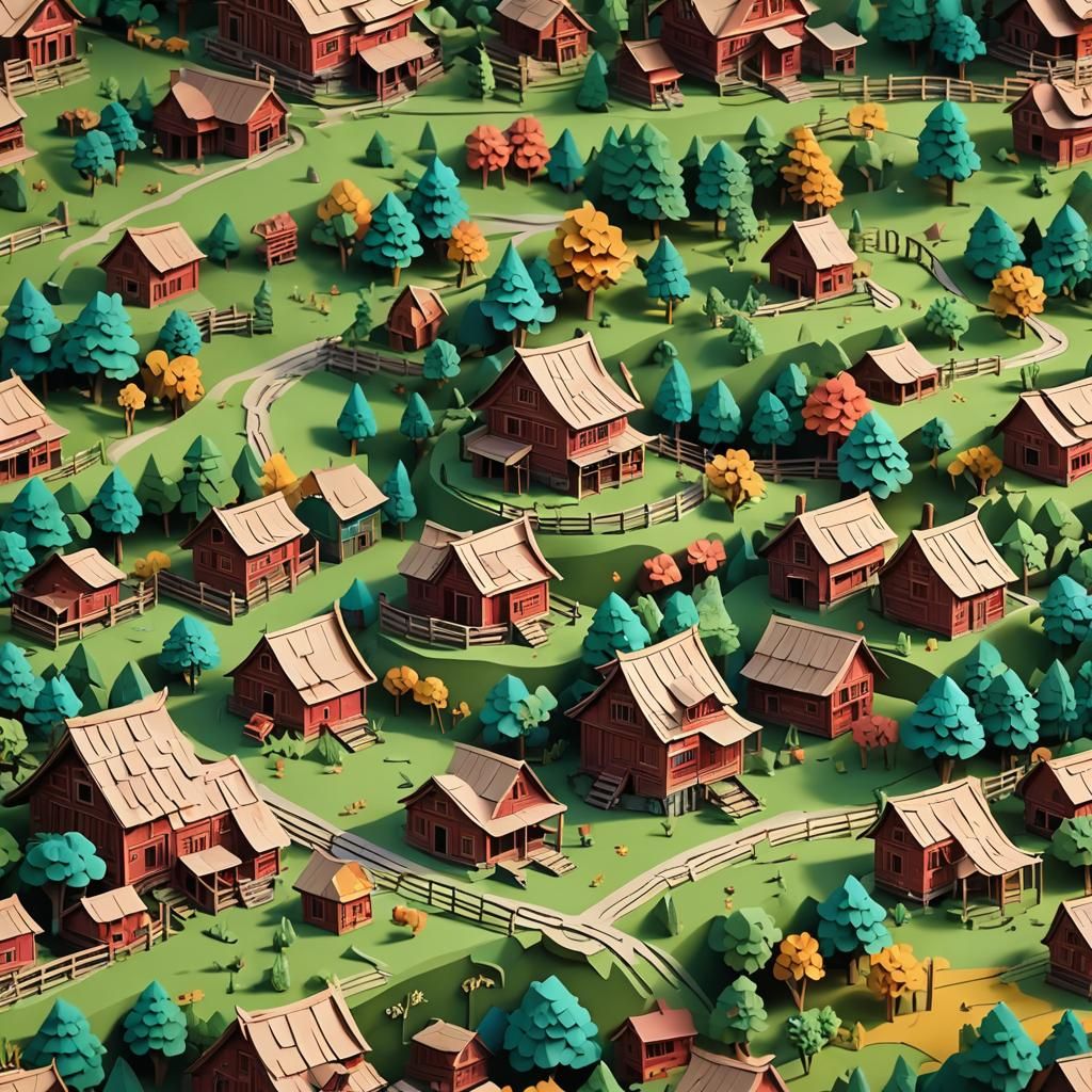 Mountain Farm in Kirigami Paper Art Style