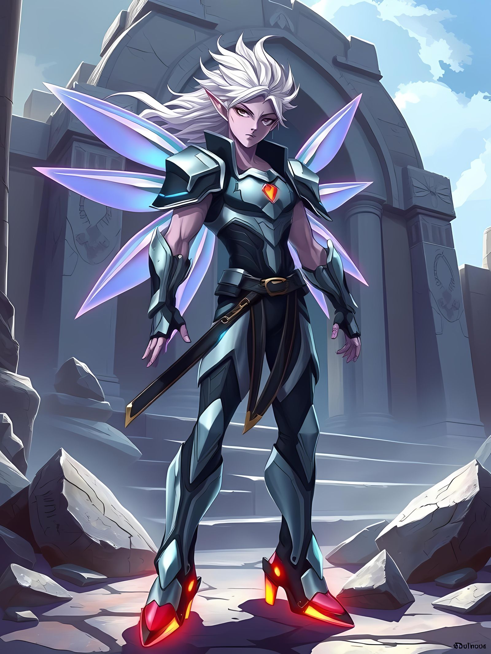 Confident Elf Warrior in Sci-Fi Armor, Anime Style