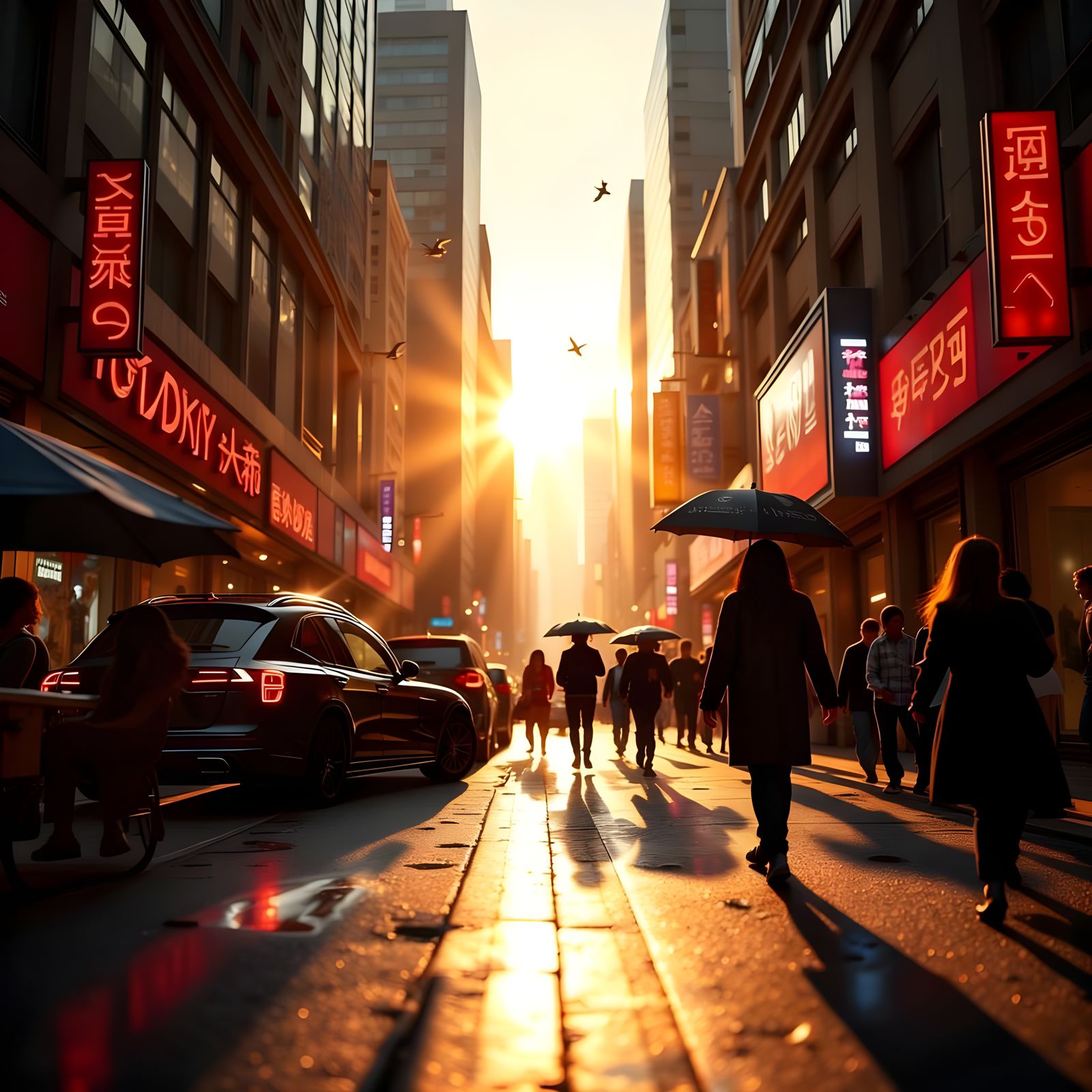 Golden Hour City Street with Realistic Reflections