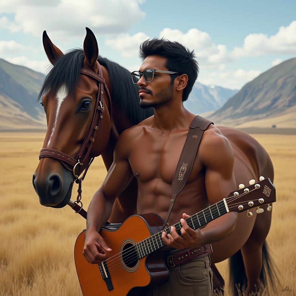 Indian Man with Horse in Alberta Landscape