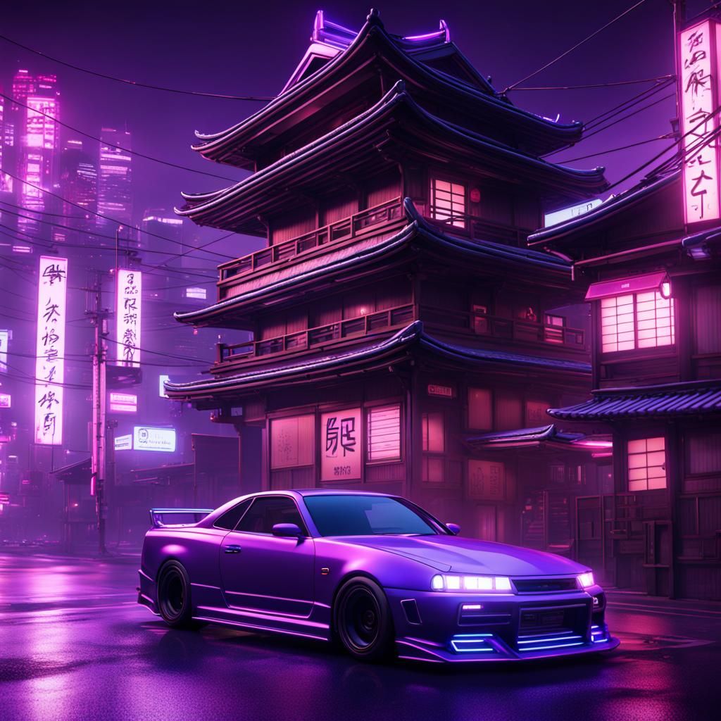 Futuristic Neon Japanese Cityscape with Skyline Car