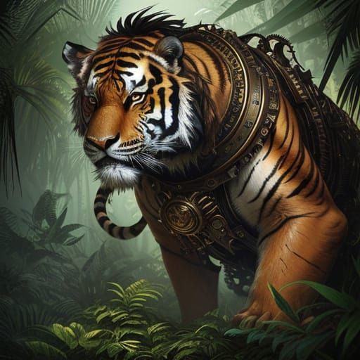 Steampunk Tiger in Lush Jungle