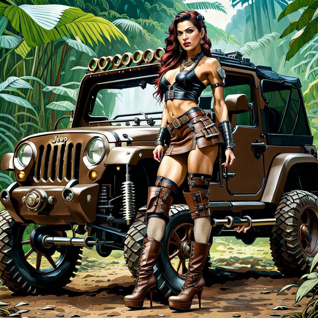 Amazonian Warrior Princess wearing fishnet stockings leather mini-skirt in Jungle with jeep