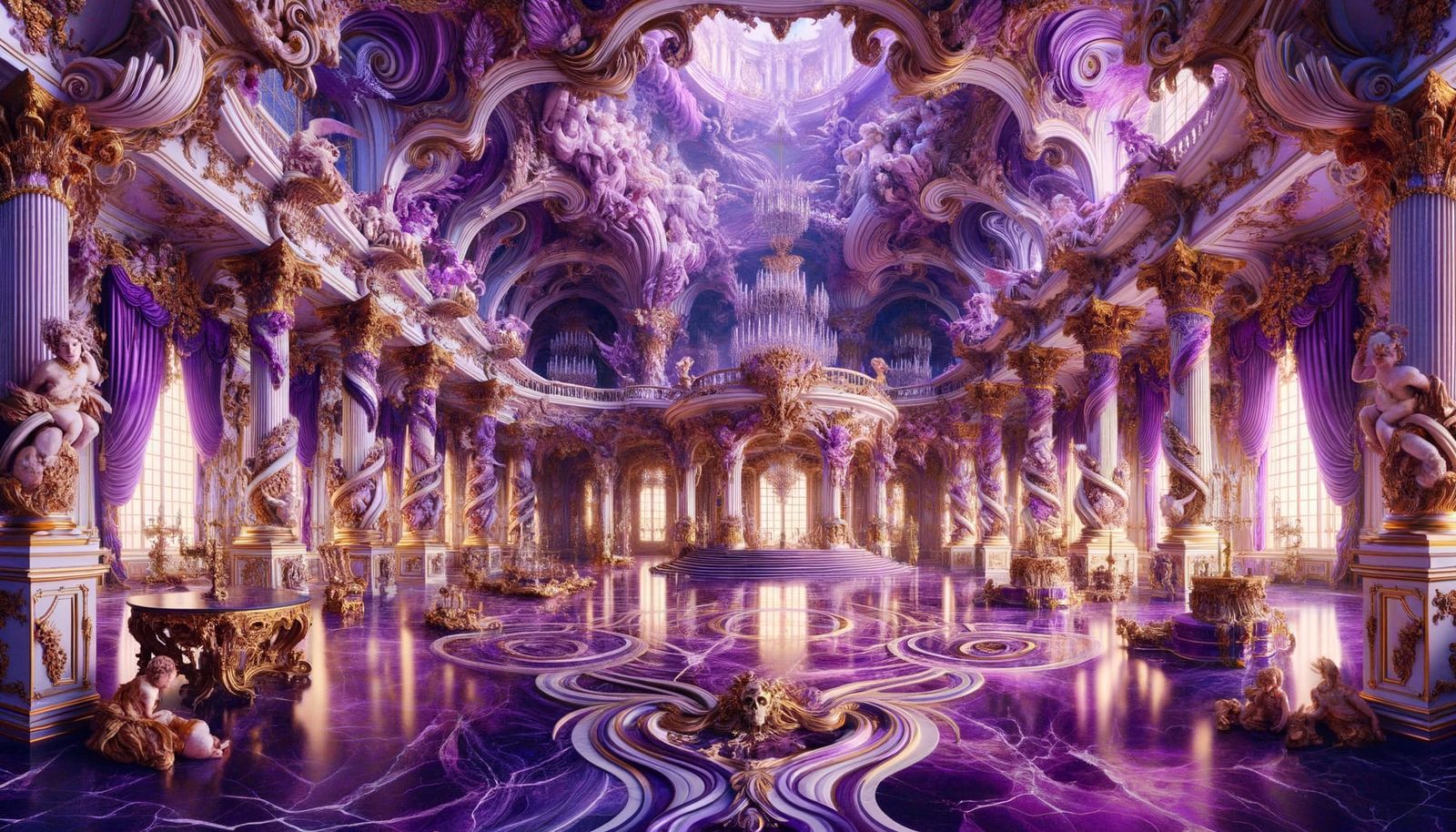 Surreal Baroque Hall in Luminous Purple Hues