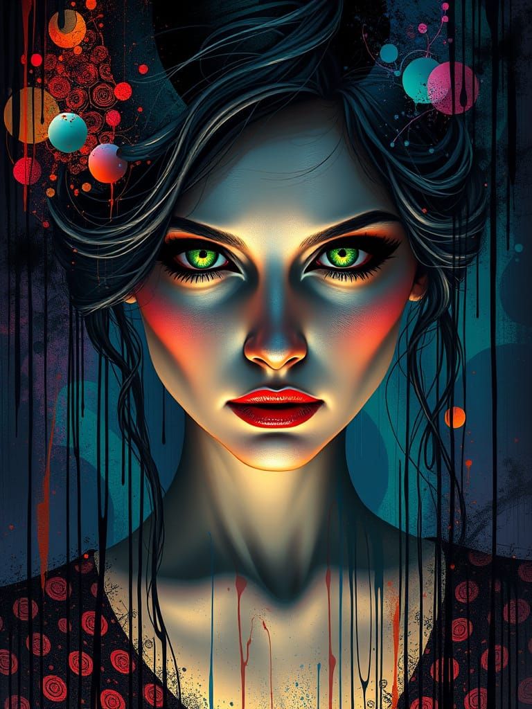 Mysterious woman with glowing eyes in graffiti style