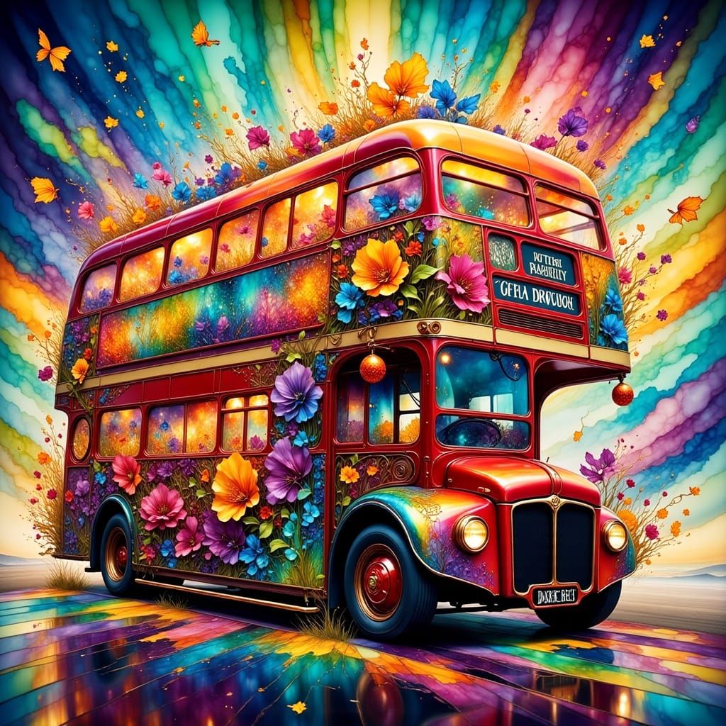 Red Double-Decker Bus with Rainbow Splash Art and Flowers