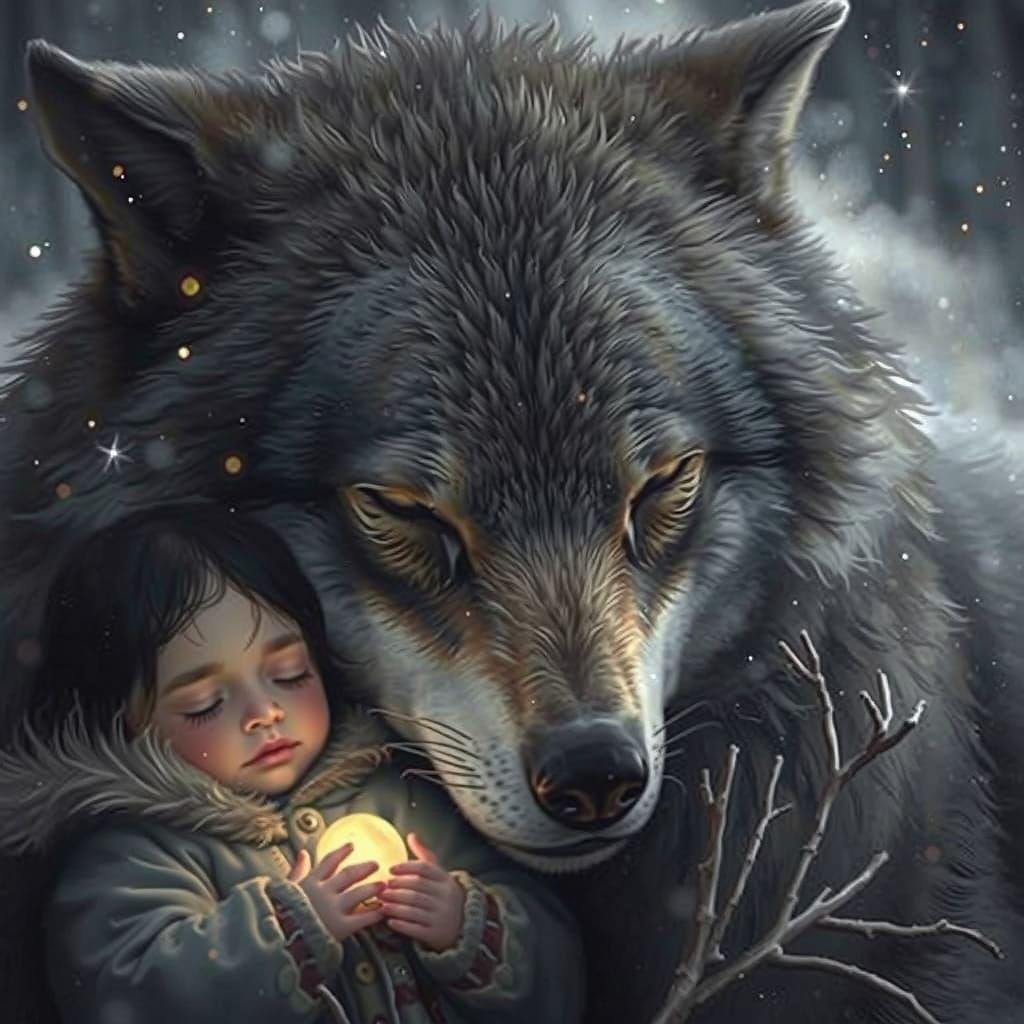Wolf Guardian Protects Sleeping Child in Snowy Tundra