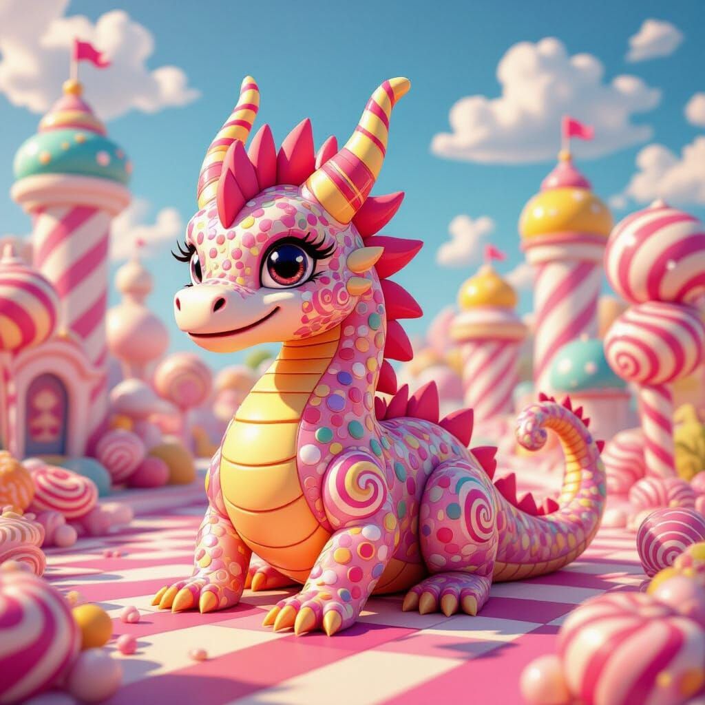 Whimsical Candy Dragon in Vibrant Candyland