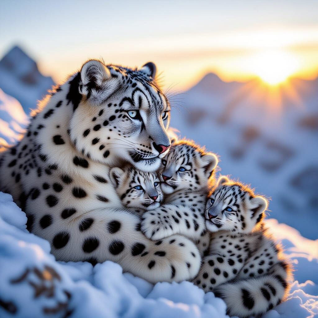 Snow Leopard Family at Sunrise, Professional Photography