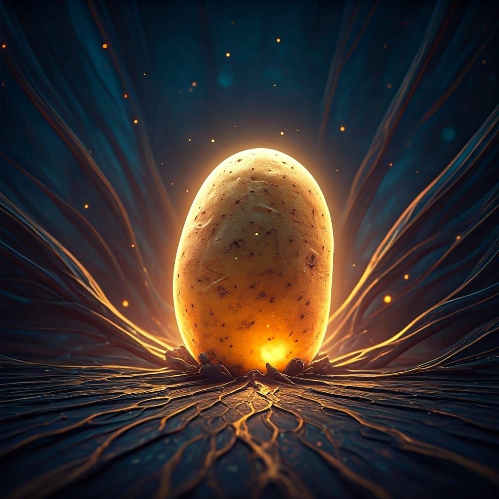 Ethereal Potato Rises from the Dreamlike Earth in a Vibrant,...