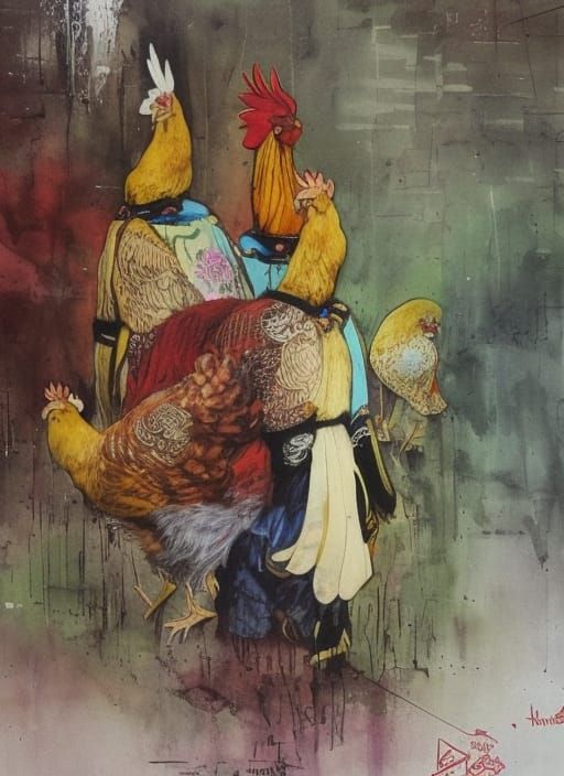 Harem Chicken Guard in Detailed Painting Style