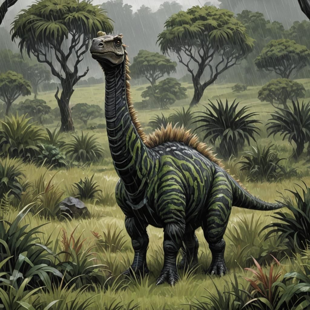 Furry Sauropod in Dreary, Rainy Landscape