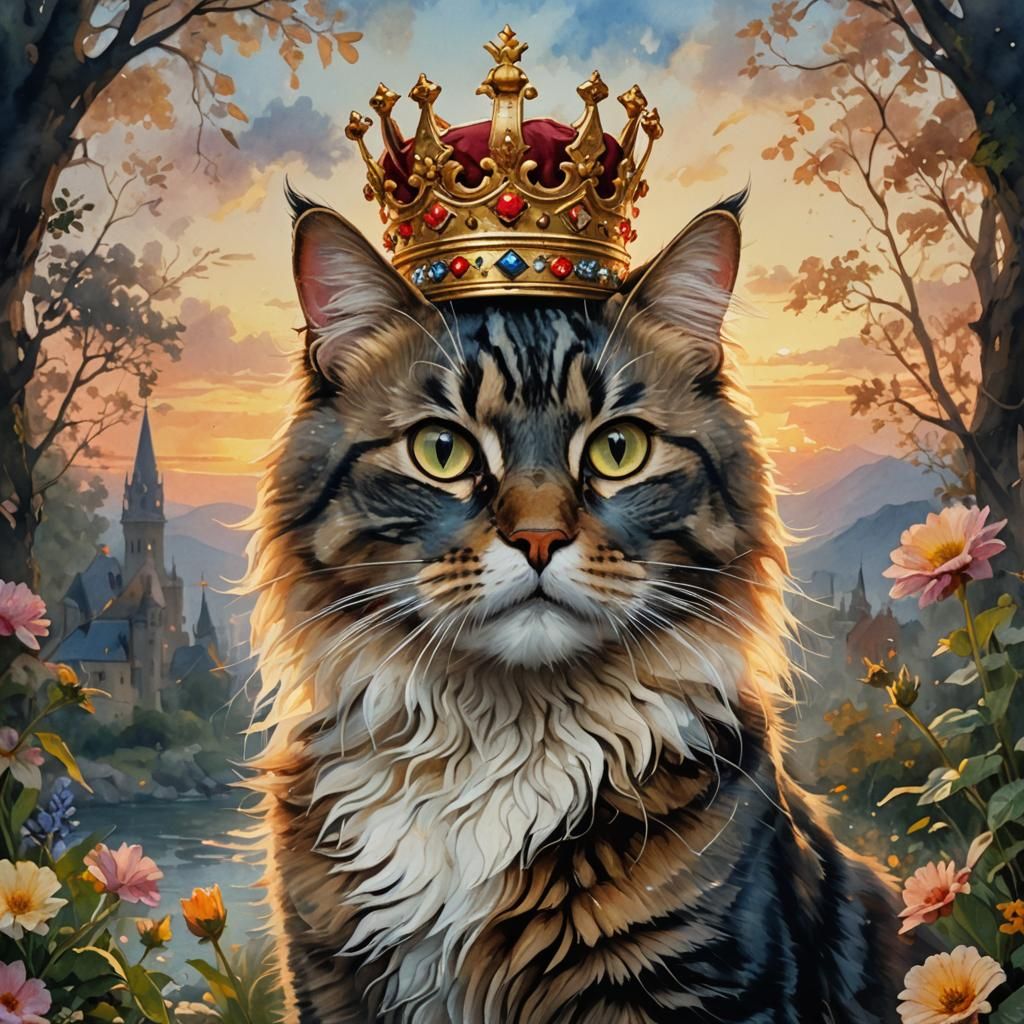 Royal Cat with Crown in Watercolor Concept Art