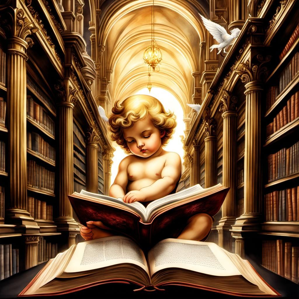 Cupid Cherubs Reading in Gothic Library