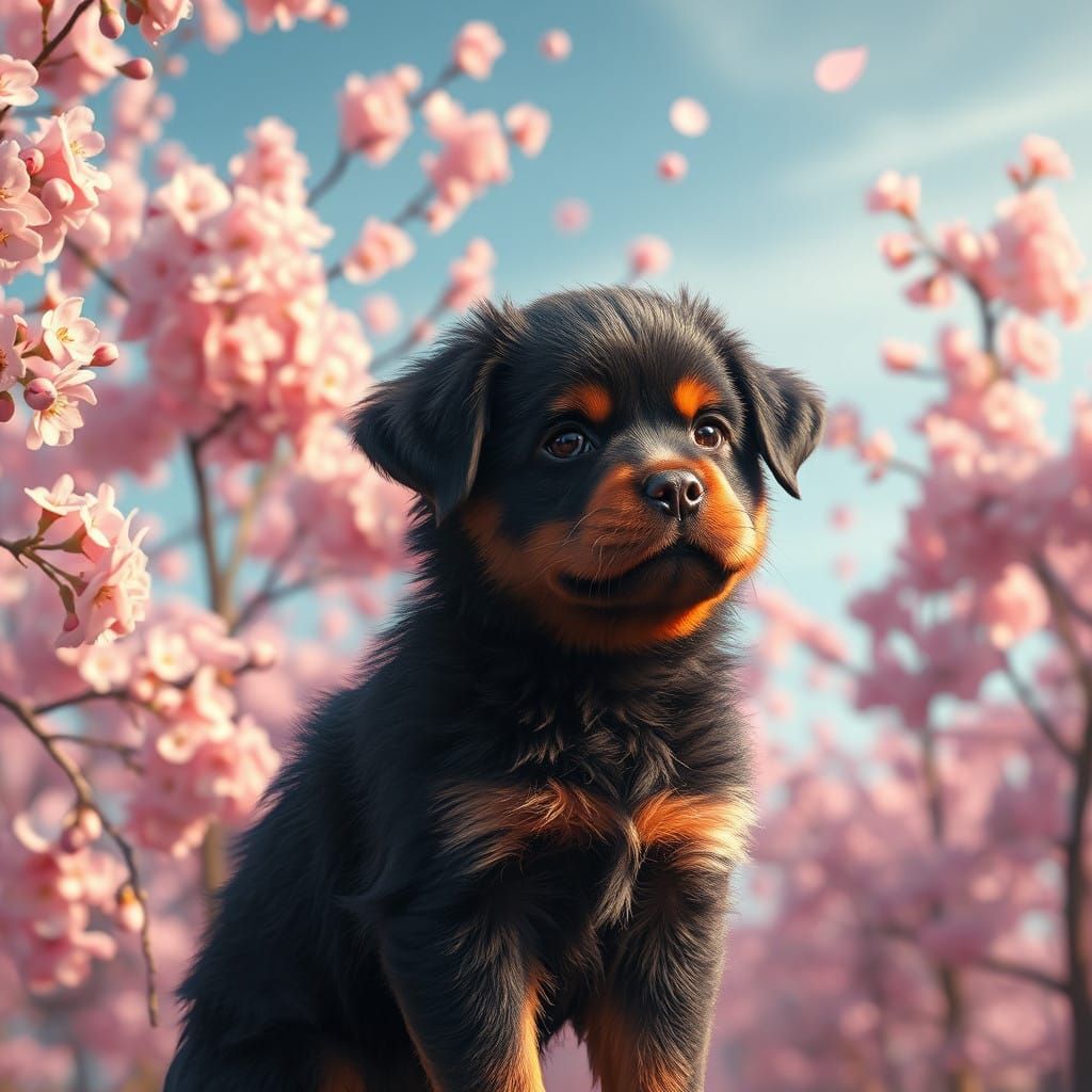 Fantasy Rottweiler Stands Before Vibrant Cherry Blossoms