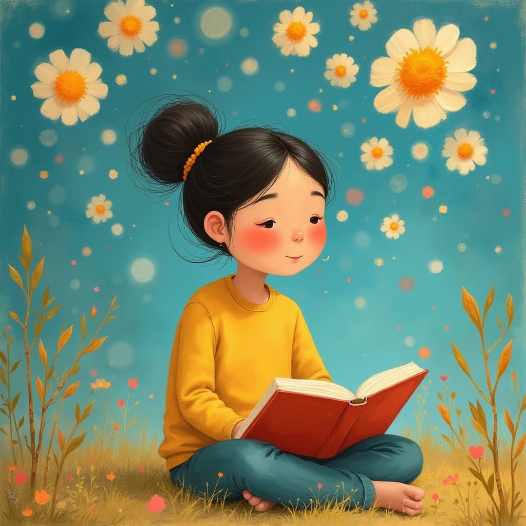 Smiling Reader with Thought Bubbles in Anime Style