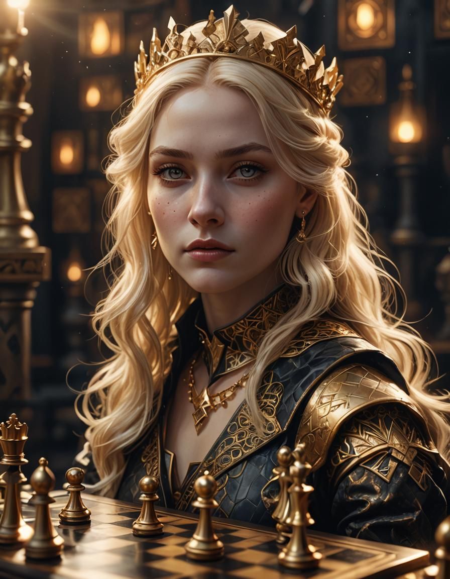 Dark Fantasy Queen on Golden Chessboard in Art Deco Style