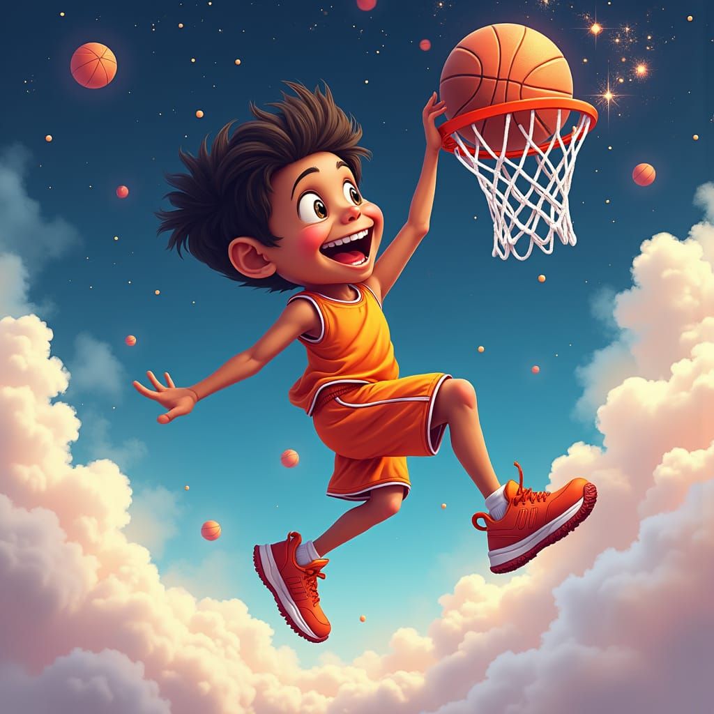 Boy Plays Basketball in Outer Space as Concept Art