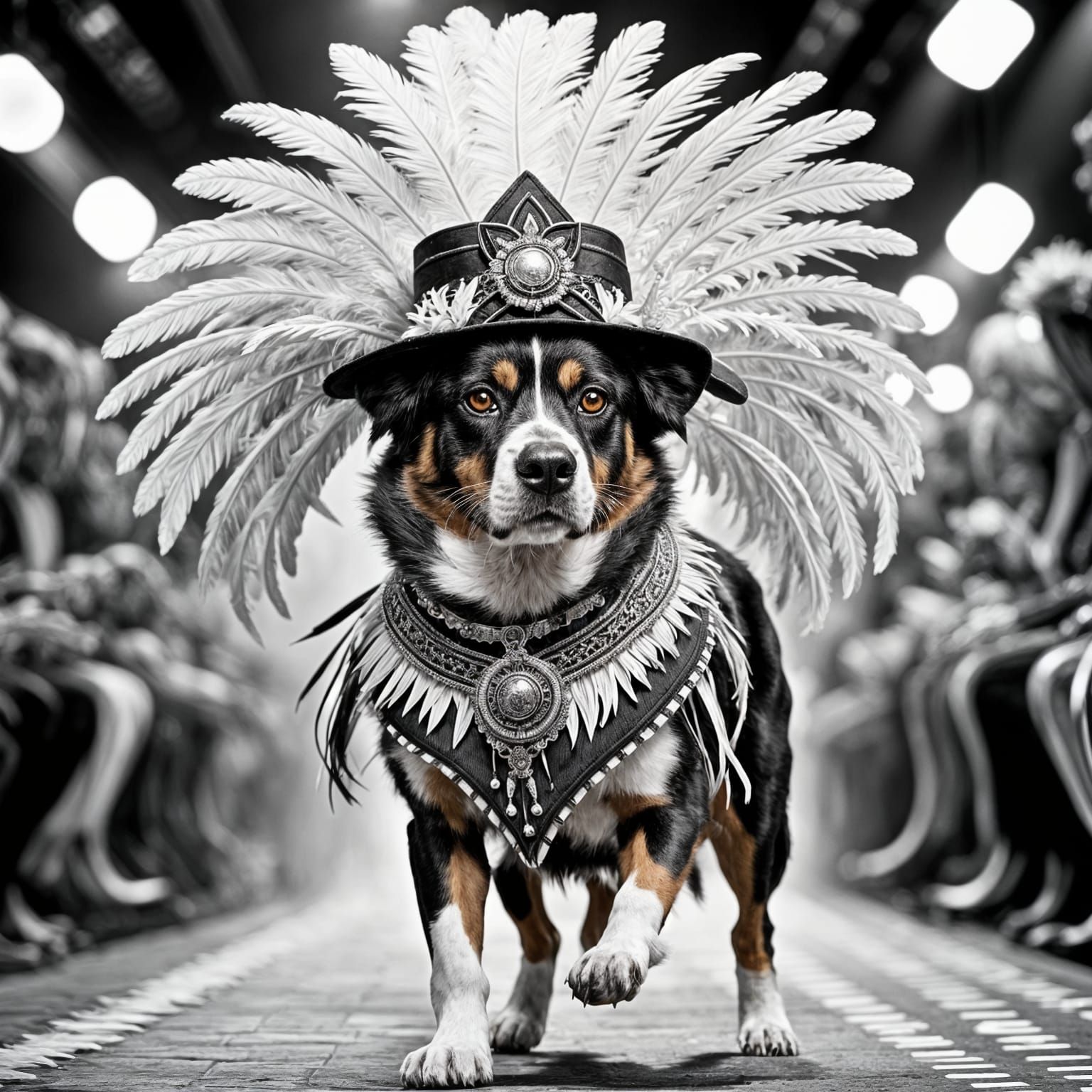 Dog on Catwalk in Feathered Hat: Avant Garde Fashion