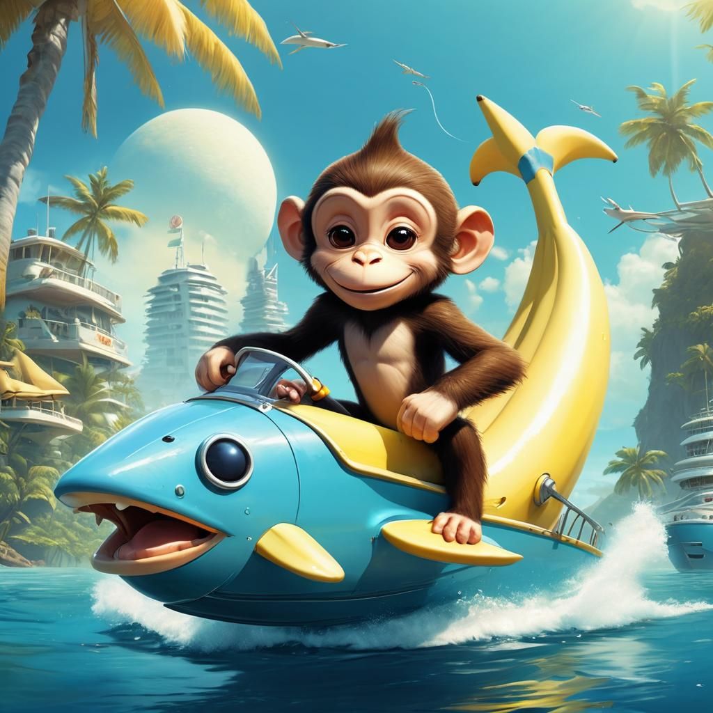 Monkey Drives Banana-Dolphin Boat in Cyberpunk Style