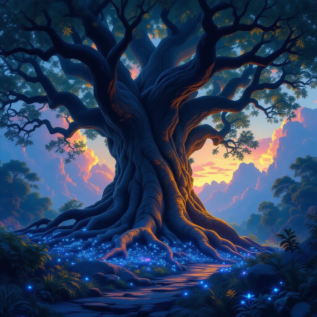 Ancient Tree with Bioluminescent Flora, Ethereal Glow