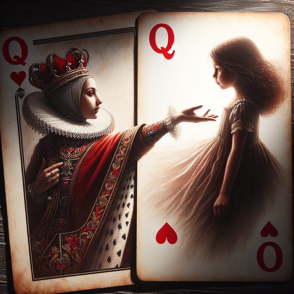 Dramatic Queen Reaching for a Girl on Playing Card