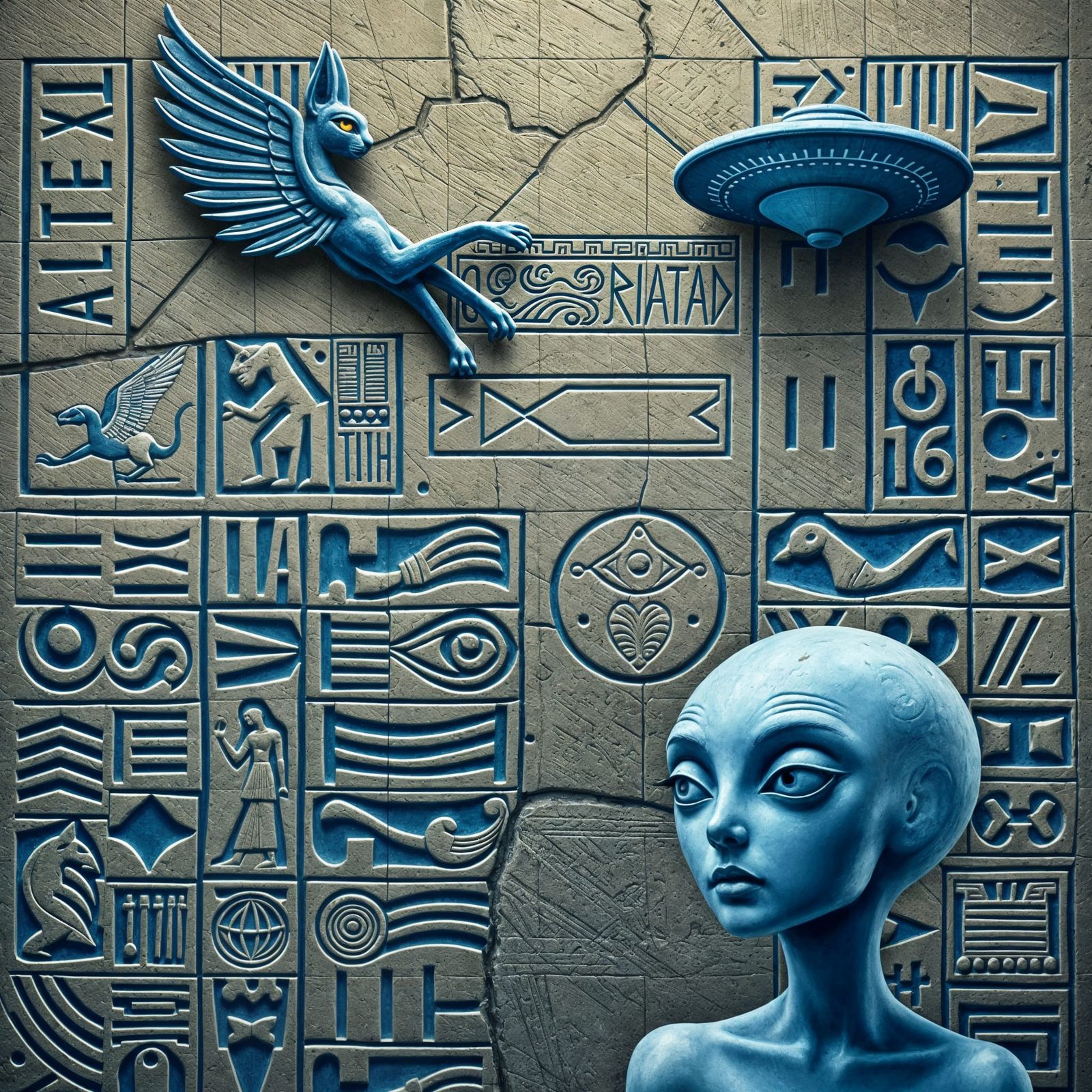 Minimalist Sumerian Engraving with Winged Cats