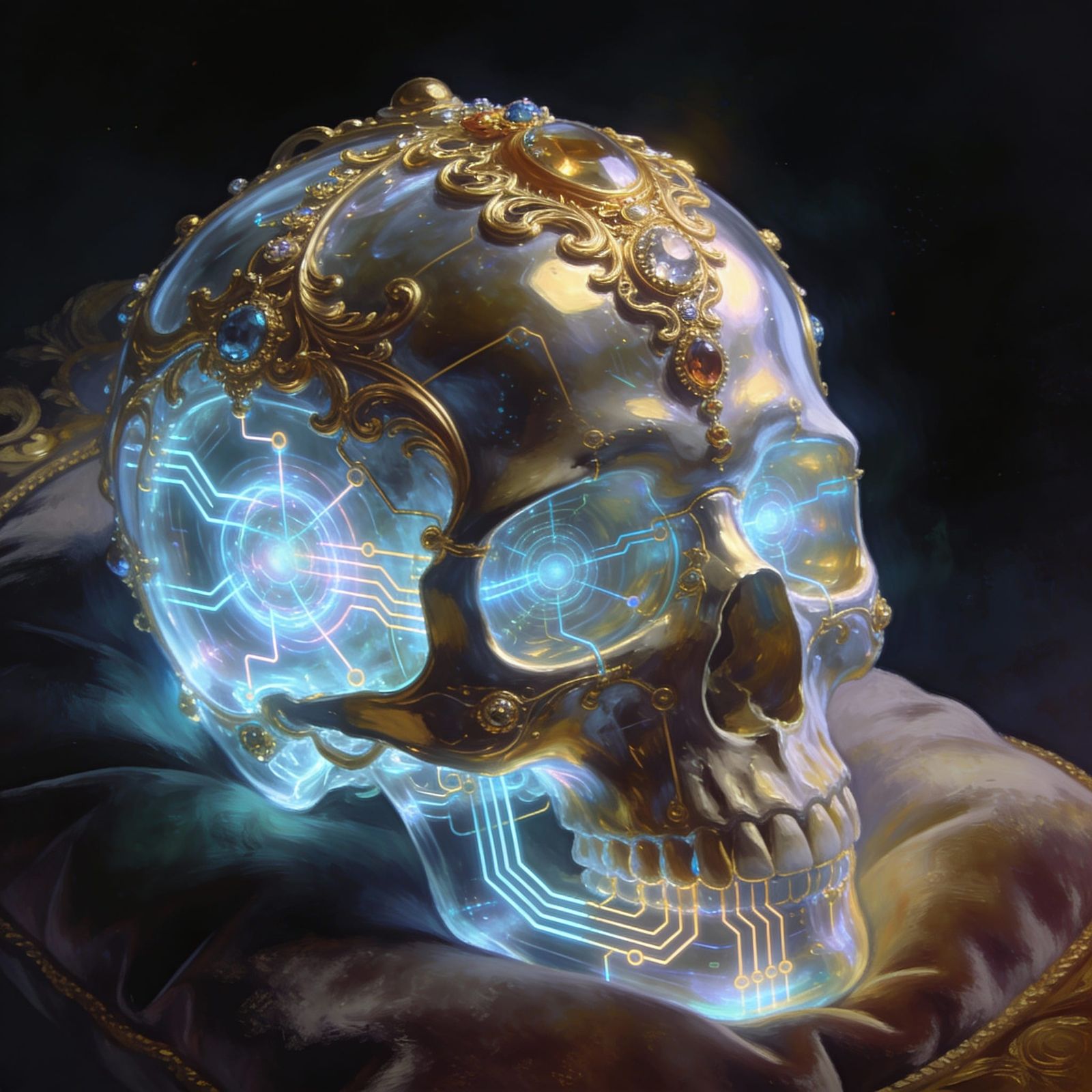 Opulent Skull with Quantum Circuits and Jewels