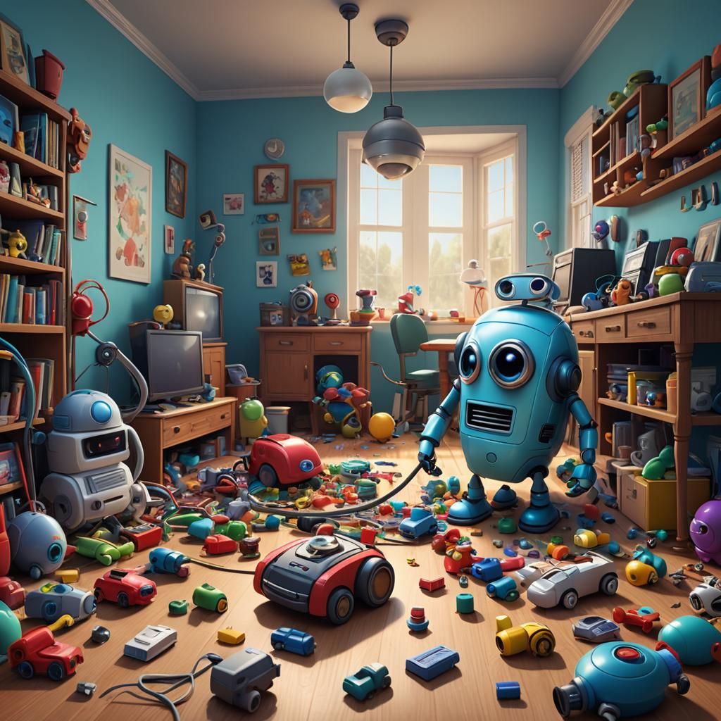 ProtoBot's Toy Vacuum Mishap: 3D Digital Art