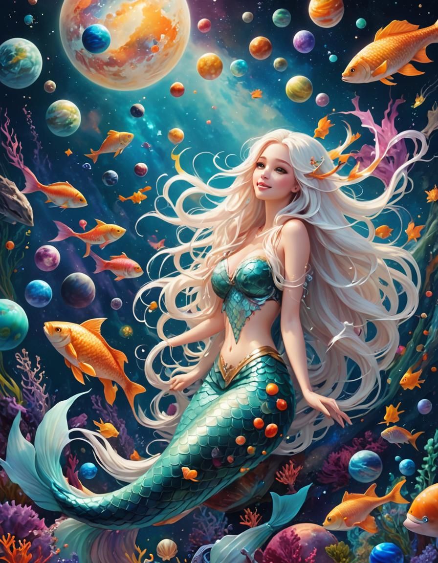 Happy Mermaid Drifting in Space: 3D Fantasy Art