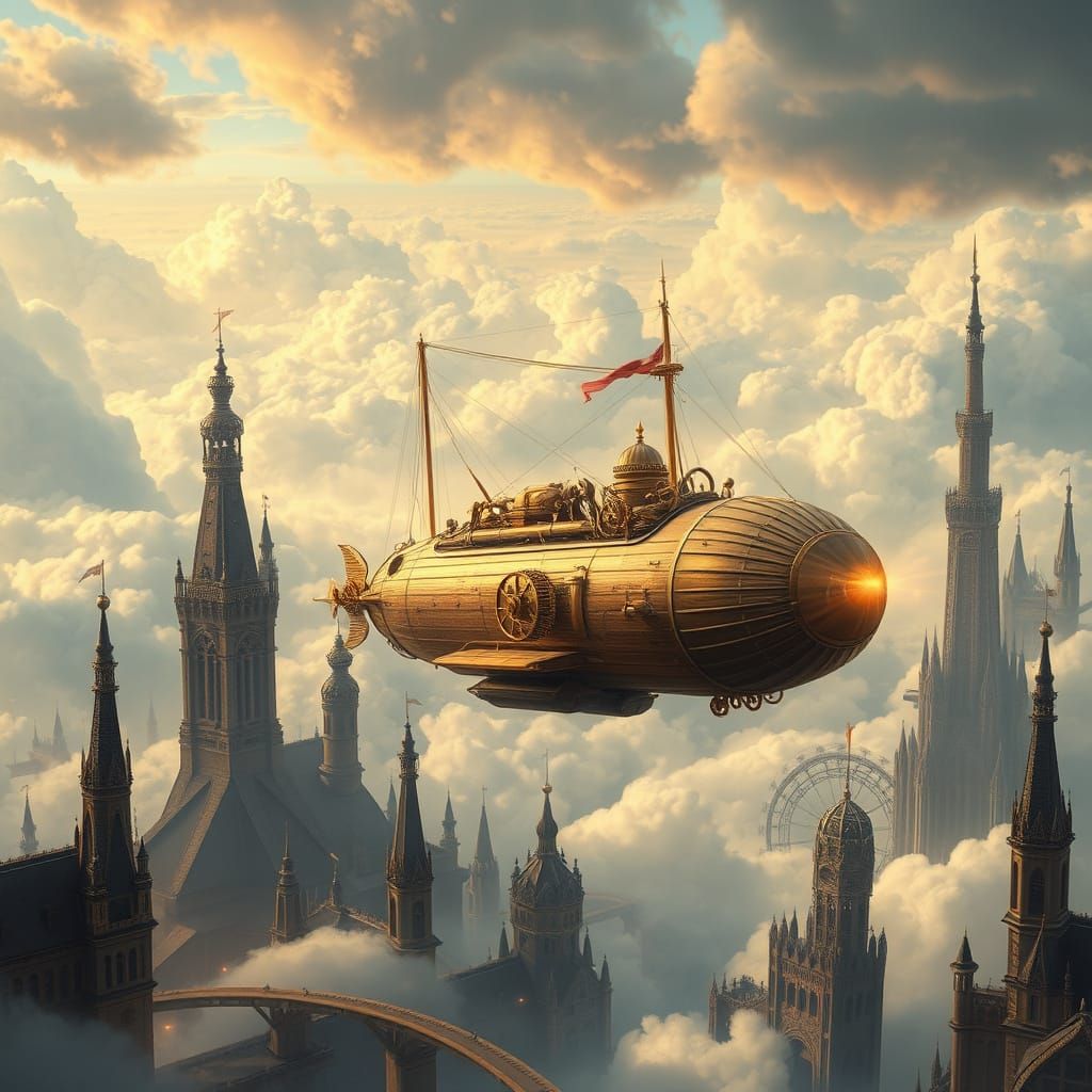 Steampunk Airship Drifting Through Cloudscape City
