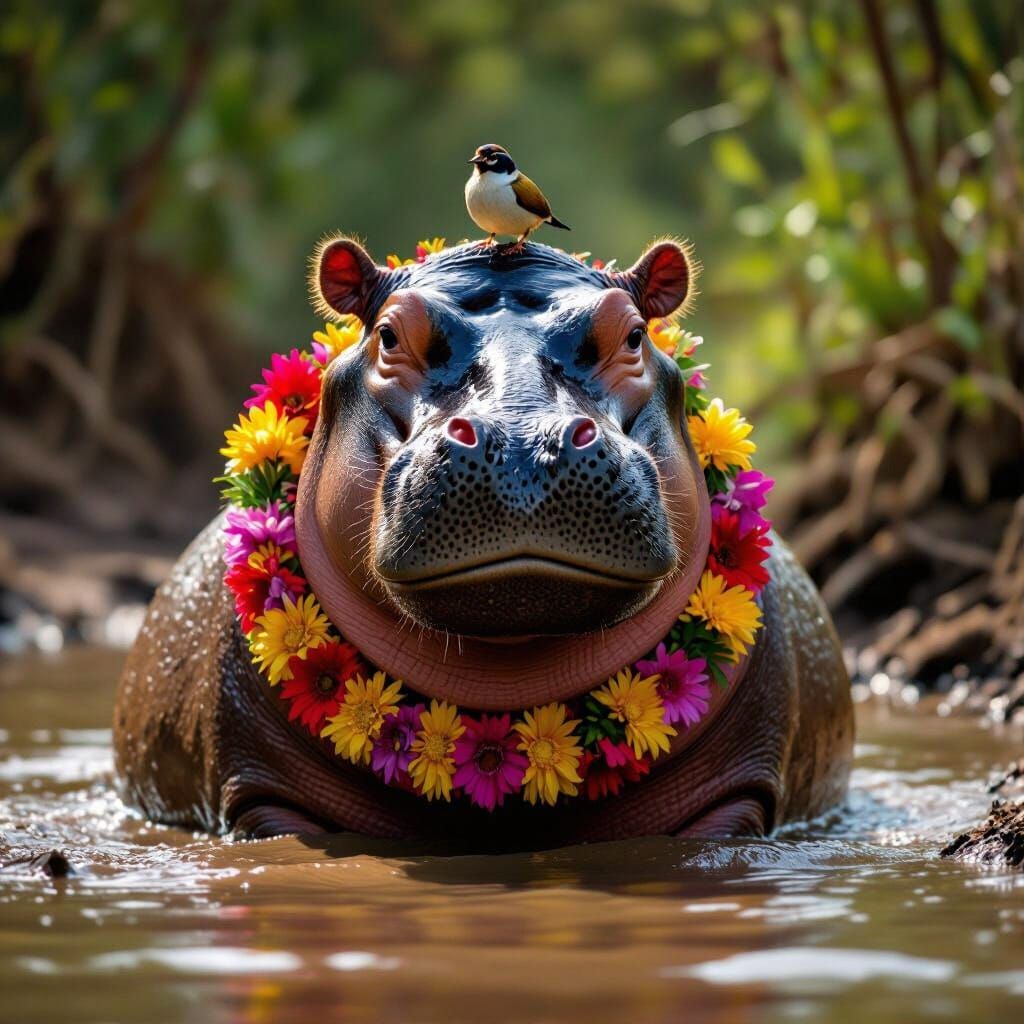 Joyful Hippo with Quail Friend by Riverbank