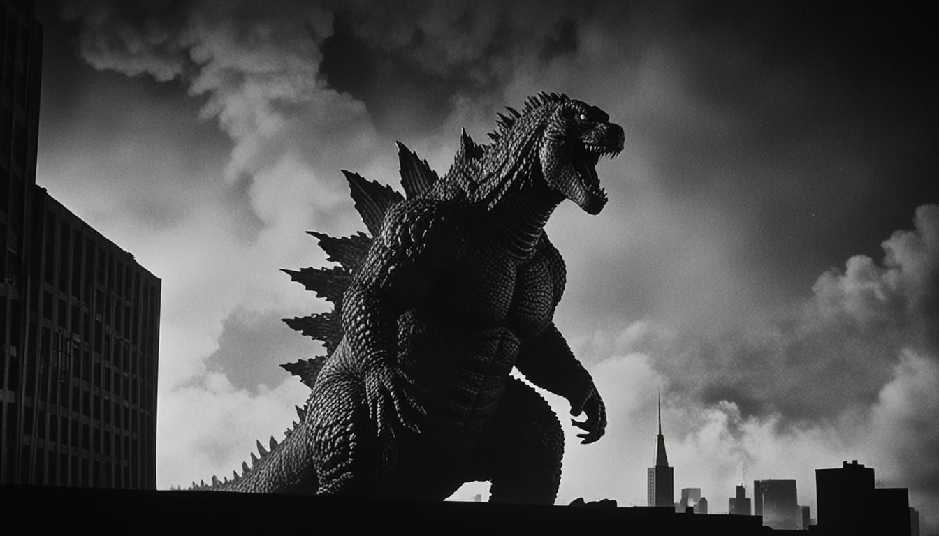 Godzilla in High-Contrast Film Noir Style, Destroying Tokyo