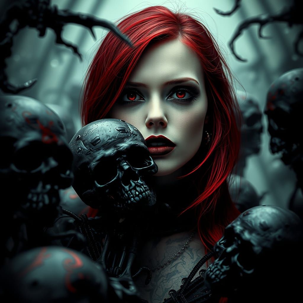 Ethereal Gothic Goddess Blends with Macabre Skulls in Deep R...