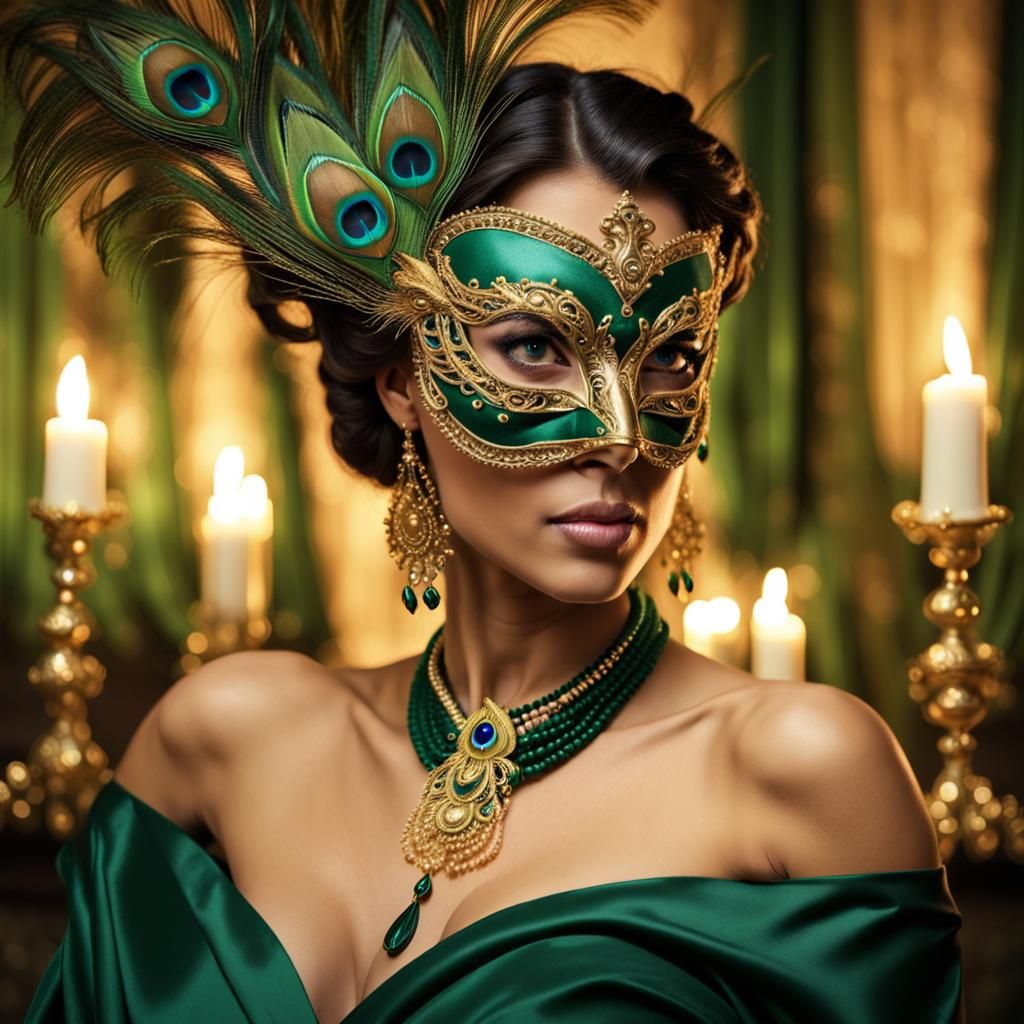 Woman in Green Venetian Mask with Emeralds