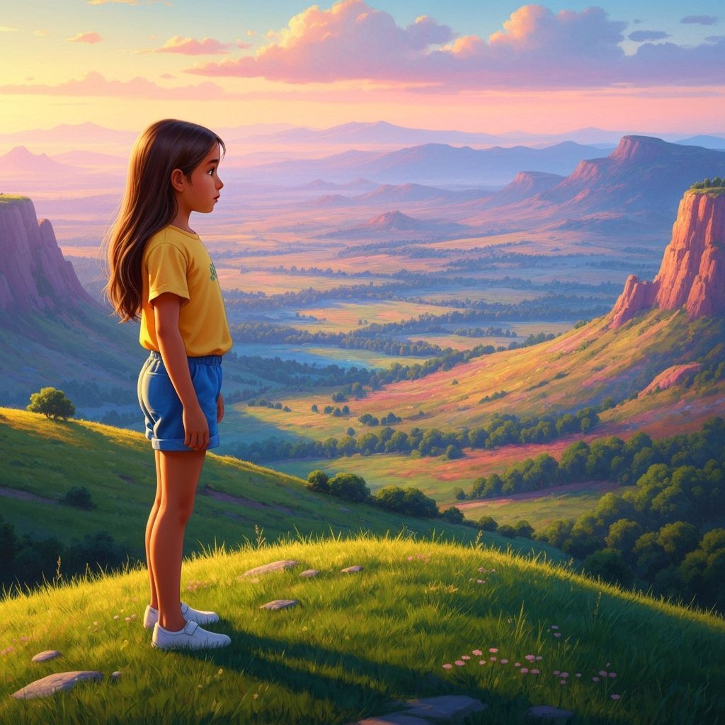 Young Girl on Grassy Hill in Golden Hour Light