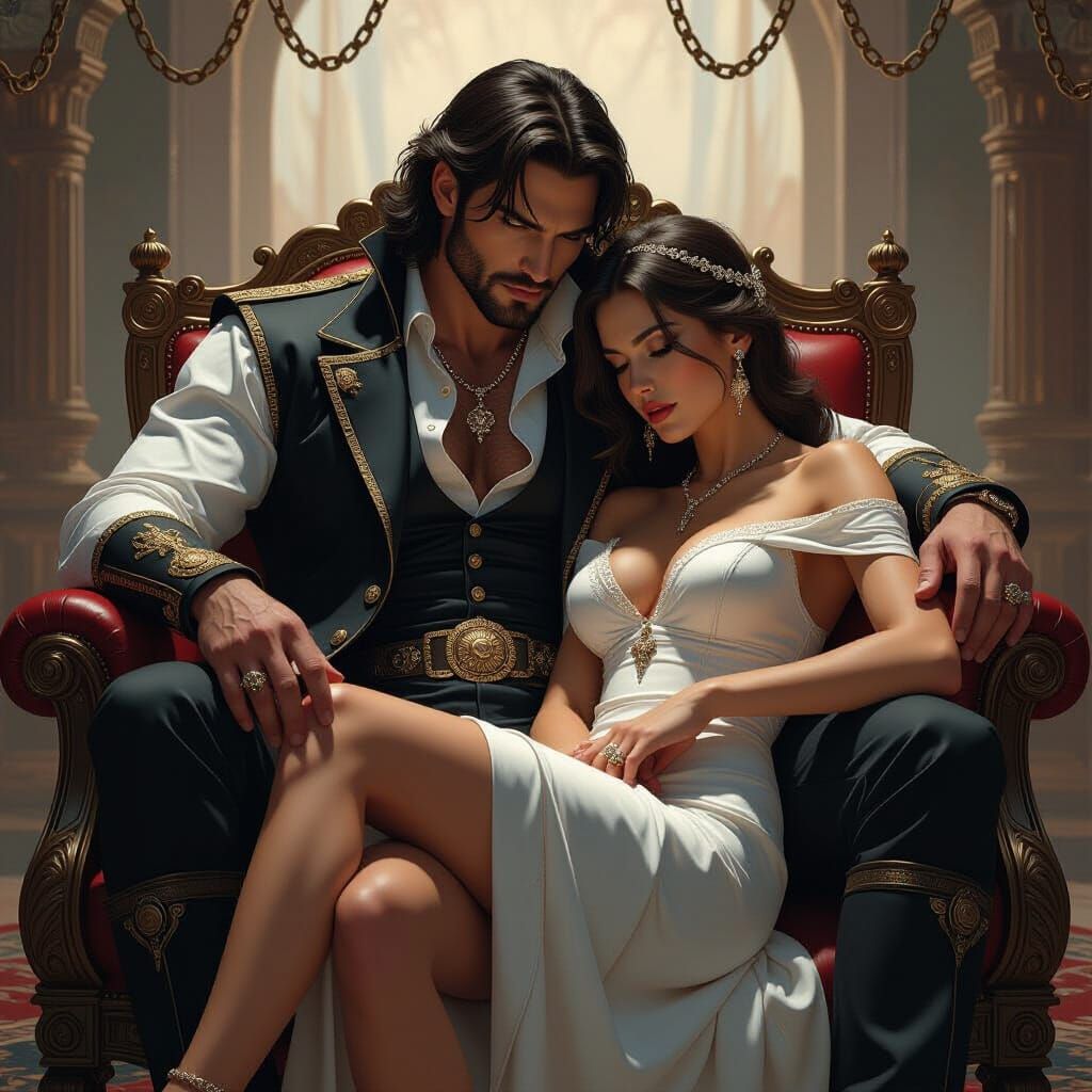 Brooding Man Adorned with Chains in Opulent Setting