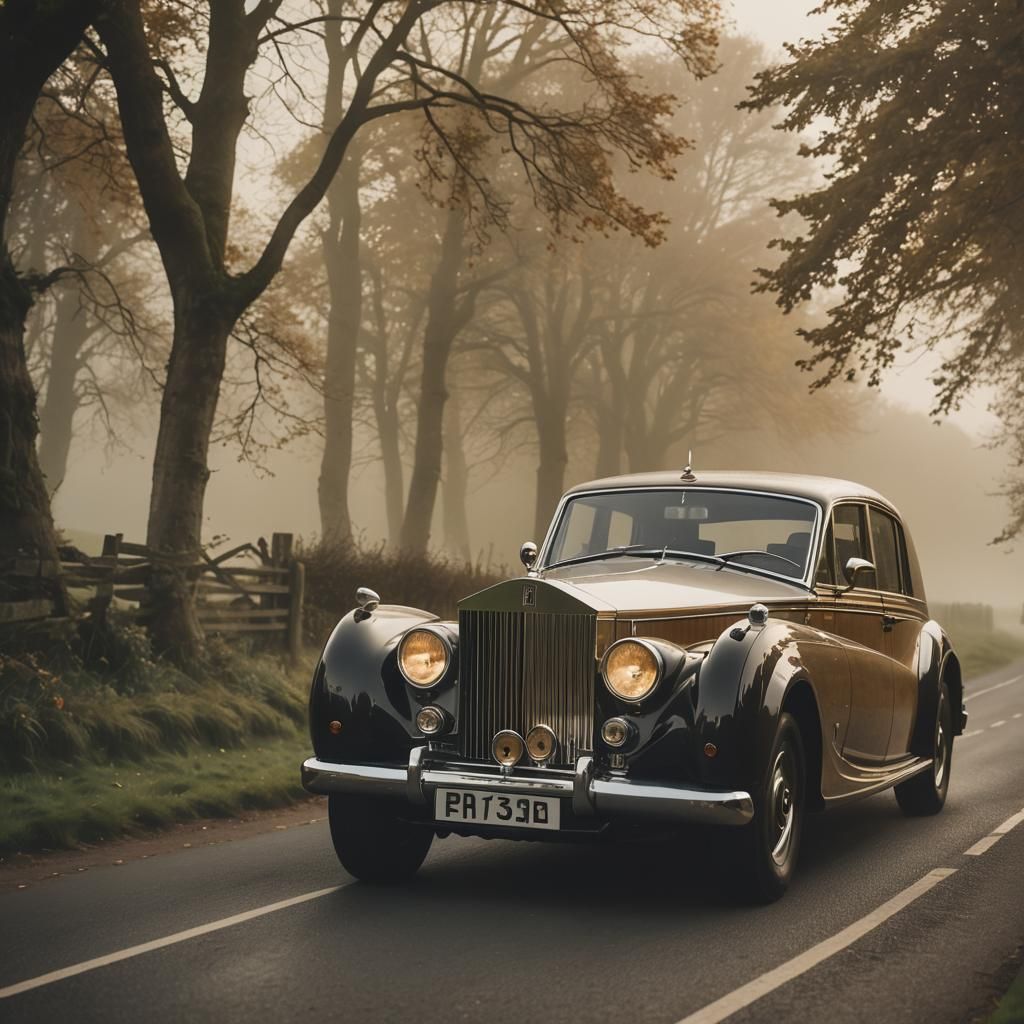 A luxurious vintage Rolls-Royce Phantom drives down a misty,...