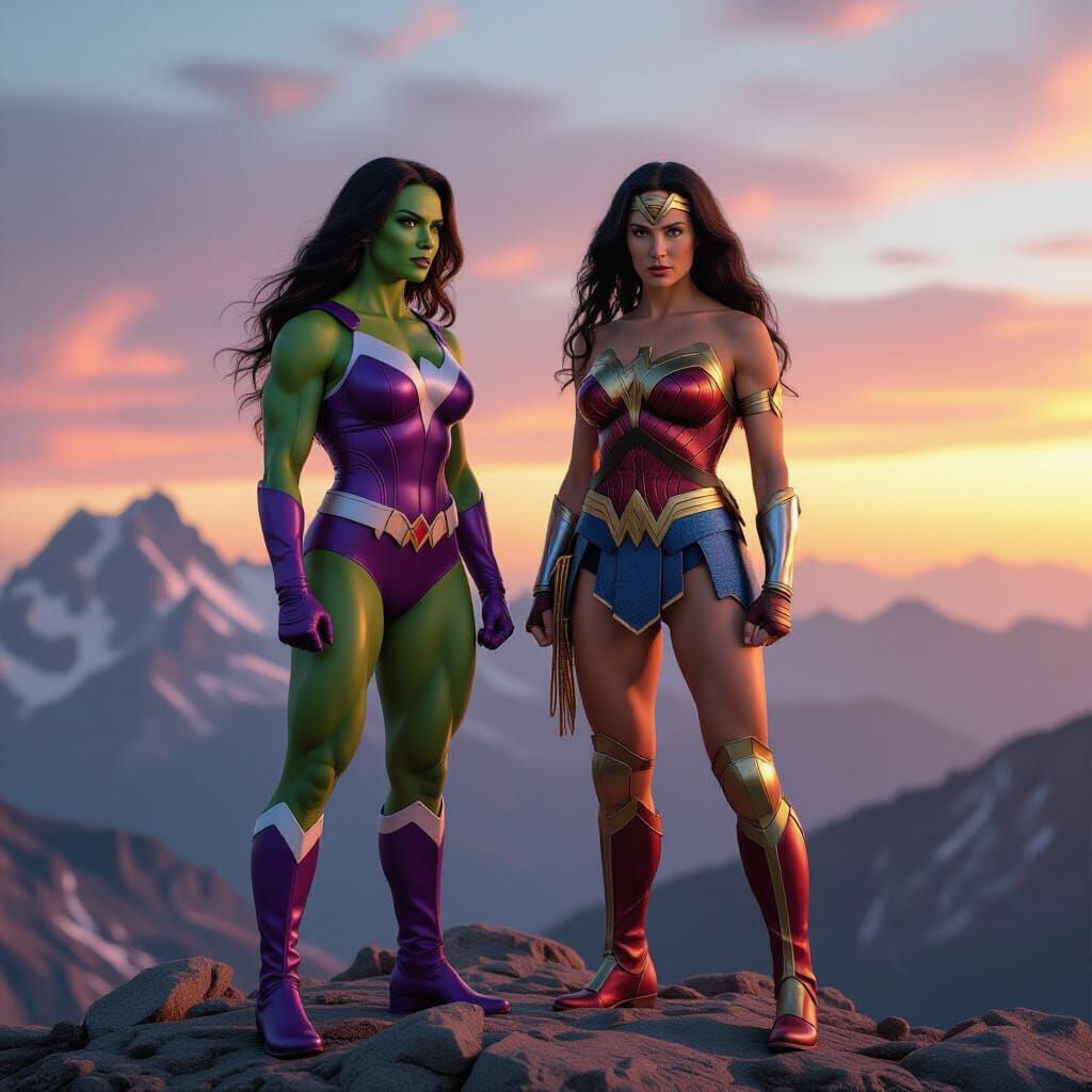 She-Hulk and Wonder Woman on Mountain Top