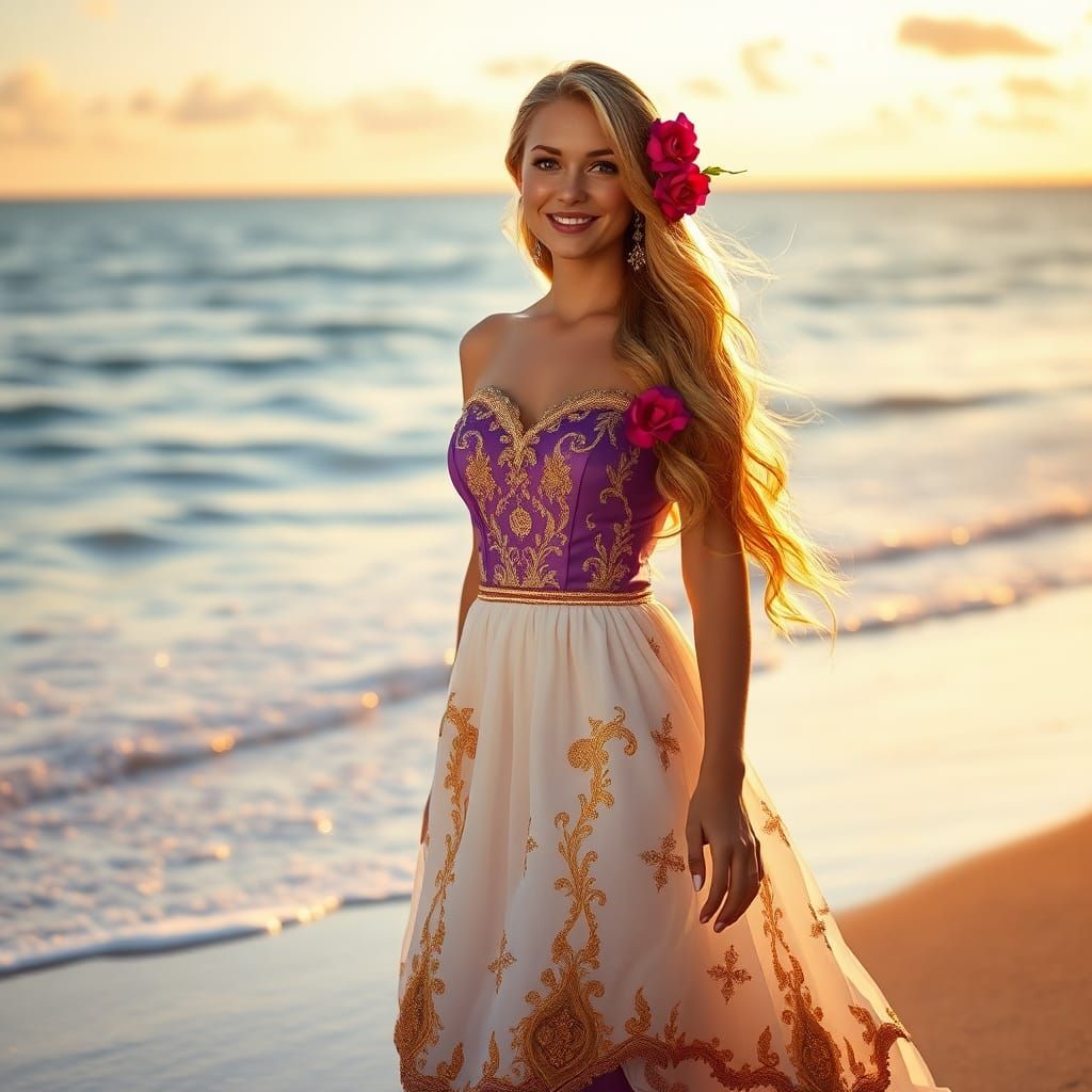 Australian Beauty in Renaissance Gown on Beach